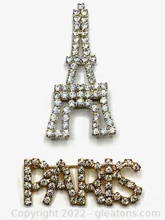 Eiffel Tower & Paris Brooches with Cubic Zirconia (Lot of 2) 