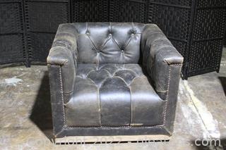 Distressed Black Leather Swivel Club Chair 