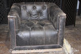 Distressed Black Leather Swivel Club Chair 