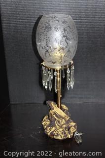 Antique Style Candlestick Lamp with Dangling Faux Crystals, Gilded Brass & Etched Globe 