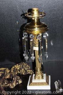 Antique Style Candlestick Lamp with Dangling Faux Crystals , Gilded Brass & Marble Style Base 
