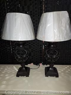 Pair of New Bronze Filigree Lamps with New Shades