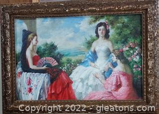 Framed Oil on Canvas of Ladies in Garden in Gorgeous Gold Frame 