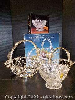 Pair of Silver Plated Grape Design Baskets and a Genuine 24% Lead Crystal Handcut Bowl 