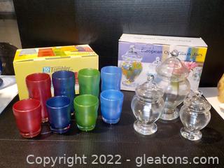 Set of 3 Hand-Blown Optic Glass Jars and 16 Piece set of Acrylic Tumblers 