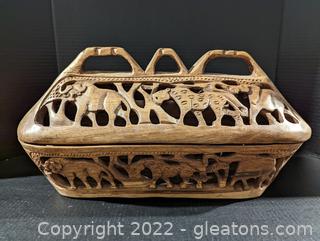 Large African Wildlife Large Hand Carved Wood Bread Box 