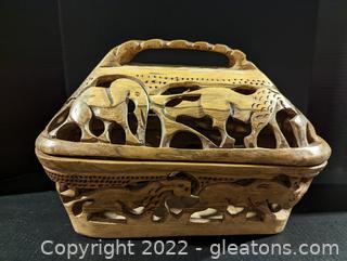 Large African Wildlife Large Hand Carved Wood Bread Box 