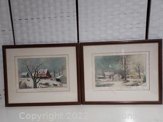 Vintage Pair of Framed Prints “Winter in the Country” by George H. Durrie