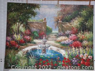 Beautiful Original Oil on Canvas-Fountain and Flowers-Signed