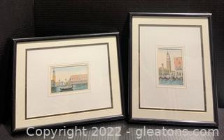 Two Framed and Matted Art Pieces Depicting Scenery on the Grand Canal in Italy 