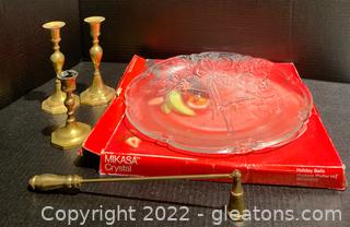 Mikasa Holiday Hostess Platter and Four Brass Items 