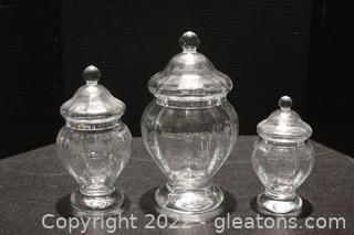 3 Handmade Clear glass Jars with Lids