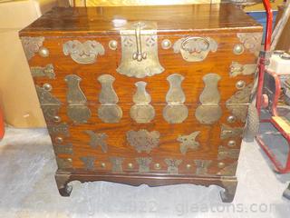Antique Dark-Stained Oak Upright Storage or Dowry Trunk