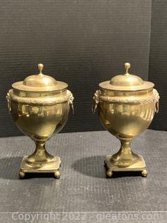 Pair of Solid Brass Lidded Urns with Lion Motif 