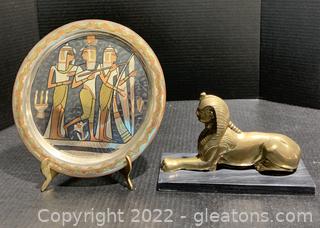 Egyptian Metal Medallion Wall Hanging and A Sphinx on Marble base 