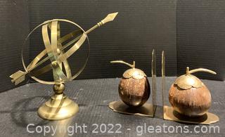 Brass Armillary Sphere and a Pair of Brass Embellished Gourd Bookends 