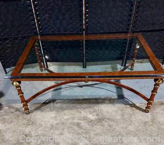 Gorgeous Brass and Leather Coffee Table with Glass Top and Curved Stretcher 