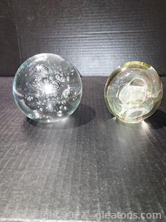 2 Beautiful Round Glass Paperweights- One is Signed 