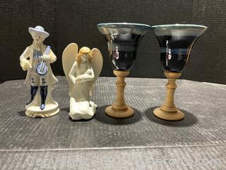 Pottery Wine Glasses & Decor Figurines (Lot of 4) 