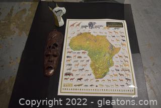 Hand Carved Wooden African Mask Glass Bead Ibiza Deer Head Sculpture Rowland Ward Poster “The Great Game Fields and Resserves of Africa