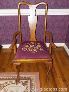One Antique Oak Armed Dining Chair, Fiddle Back with Handmade Needlepoint Covers 