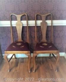 Pair of Antique Oak Dining Chairs-Fiddle Back with Handmade Needle Point Covered Seats 