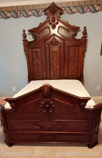 Stunning Victorian Renaissance Walnut and Burl Wood Three Quarters Bed-Includes Special Fitted
 Mattress, Box Springs, and Bed Rails