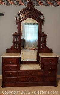 Gorgeous Antique Walnut and Burl Wood Drop Center Dresser with Marble Tops and Mirror (Upstairs)