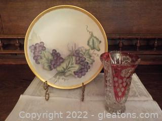 Anna Hutte Lead Crystal Pedestal Vase Red-Cut to Clear and KPM German Gilded Grapes and Leaves Plate 