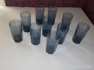 Vintage Set of Ten Libbey Facets Cobalt Blue Octagonal Water Glasses 