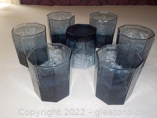 Set of 7 Libbey Facets Cobalt Blue 8oz. Old Fashioned Glasses 