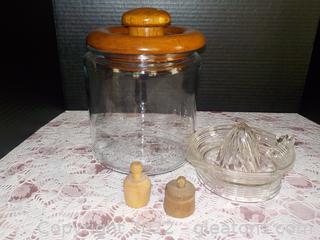 Large Dolphin Glass Co. Canister with Teak Lid Vintage Clear Glass Juicer (8”w) 2 Miniature Wooden Butter Mold Presses 