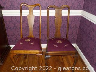 Pair of Antique Oak Fiddle Back Dining Chairs with Needlepoint Covered Seats 