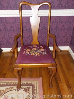 One Antique Oak Armed Dining Chair, Fiddle Back with Handmade Needlepoint Covers 