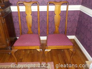 Pair of Antique Oak Dining Chairs Fiddle Back with Burgundy Brocade Seat Covers 