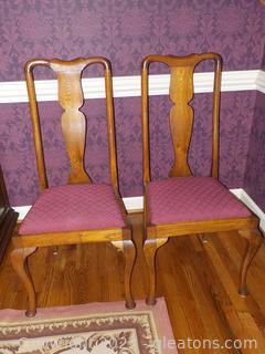 Pair of Antique Oak Dining Chairs Fiddle Back with Burgundy Brocade Seat Covers 