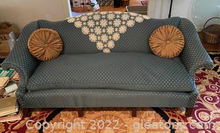 Blue Camelback Sofa w/Accent Pillows & Doily