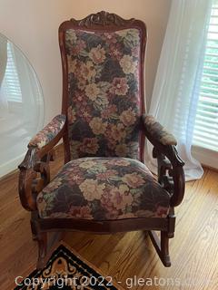 Antique Victorian Rocking Chair Floral Fabric