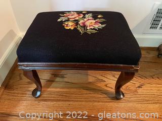 Queen Anne Black Floral Needle Point Footstool 