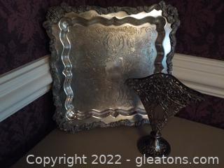 Ornate Silverplate Art Deco Fan Vase and Unique Footed Silverplate Tray 