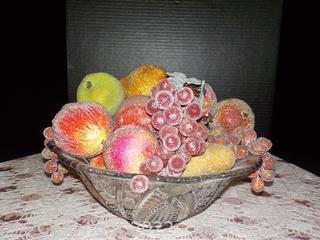Centerpiece Made of Depression Glass Bowl and Faux Fruit 