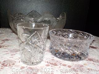 American Brilliant Cut Glass Tumbler, Cyrone Cut Crystal Candy Dish and Vintage Jeanette Lead Glass Fruit Bowl on Feet 