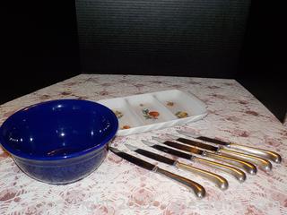 Practical Kitchen Serving Pieces: Mixing Bowl, Divided Dish, Cutlery Holder(not in first picture) and Set of Silverplate Table Knives  