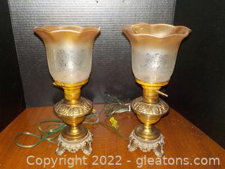 Beautiful Pair of Brass and Glass Vintage Hurricane Lamps