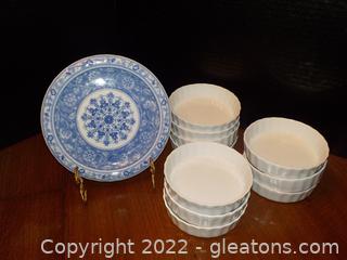 Ramikens and a Chinoiserie Blue and White Plate