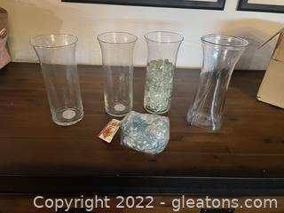 4 Glass Vases with Glass Rocks