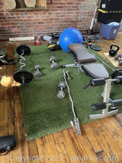 Free Weights, Bench, Grass Rug, Bands, etc