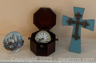 Three Pieces of Tabletop Decor Including A Bulova Quarter Master Maritime Clock