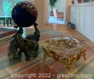 Hollywood Regency Ashtray and an Iron Elephant Sculpture Holding Up the World