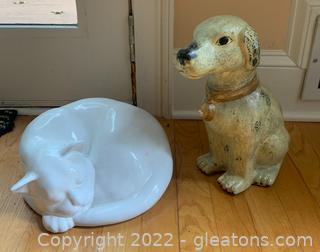 Vintage Doggy Figurine and Ceramic Sleeping Cat